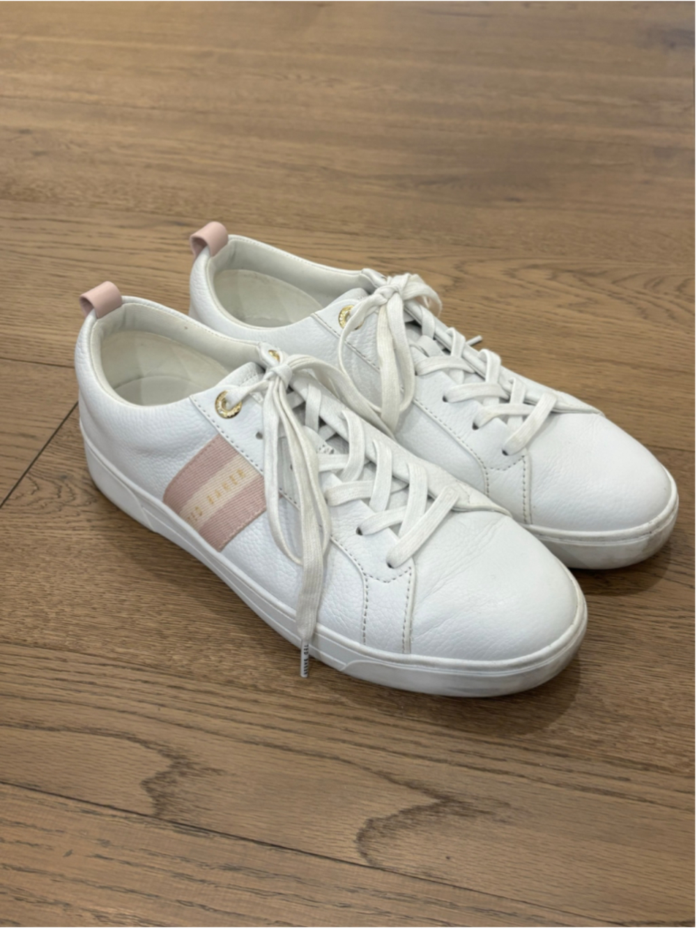 Ted Baker "Bailly" Webbing Stripe Leather Sneakers – White & Blush Pink 8.5